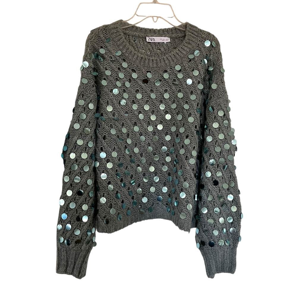 Zara Green Sequined Crewneck Long Sleeve Knit Pullover Sweater Size Large